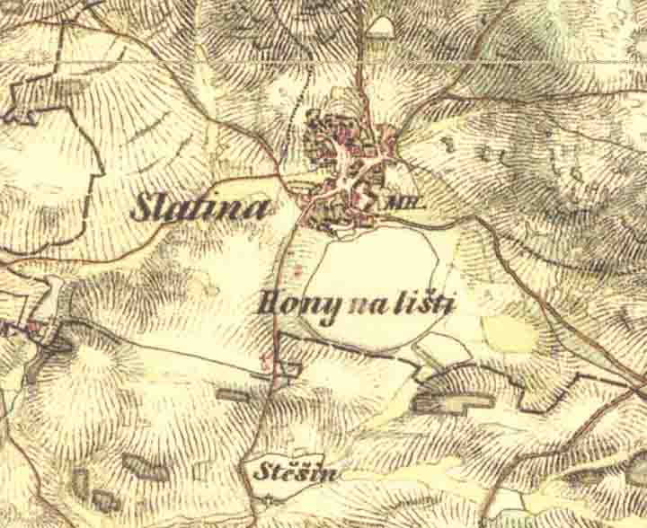 Archvní mapa s rybníkem u jižní hranice obce